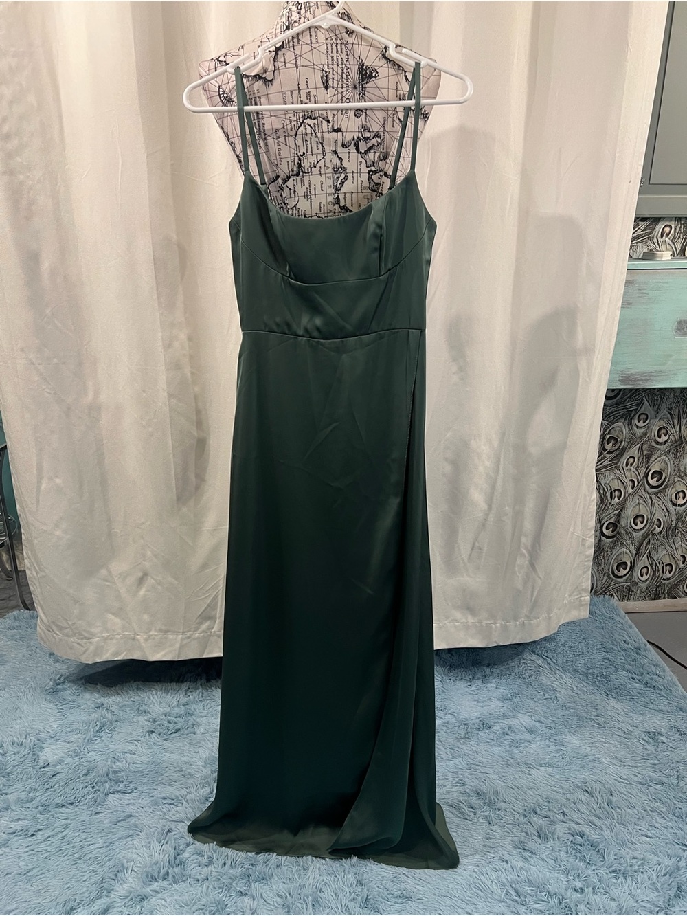 Azazie Kendall + Kylie Green Satin Spaghetti-Strap Gown